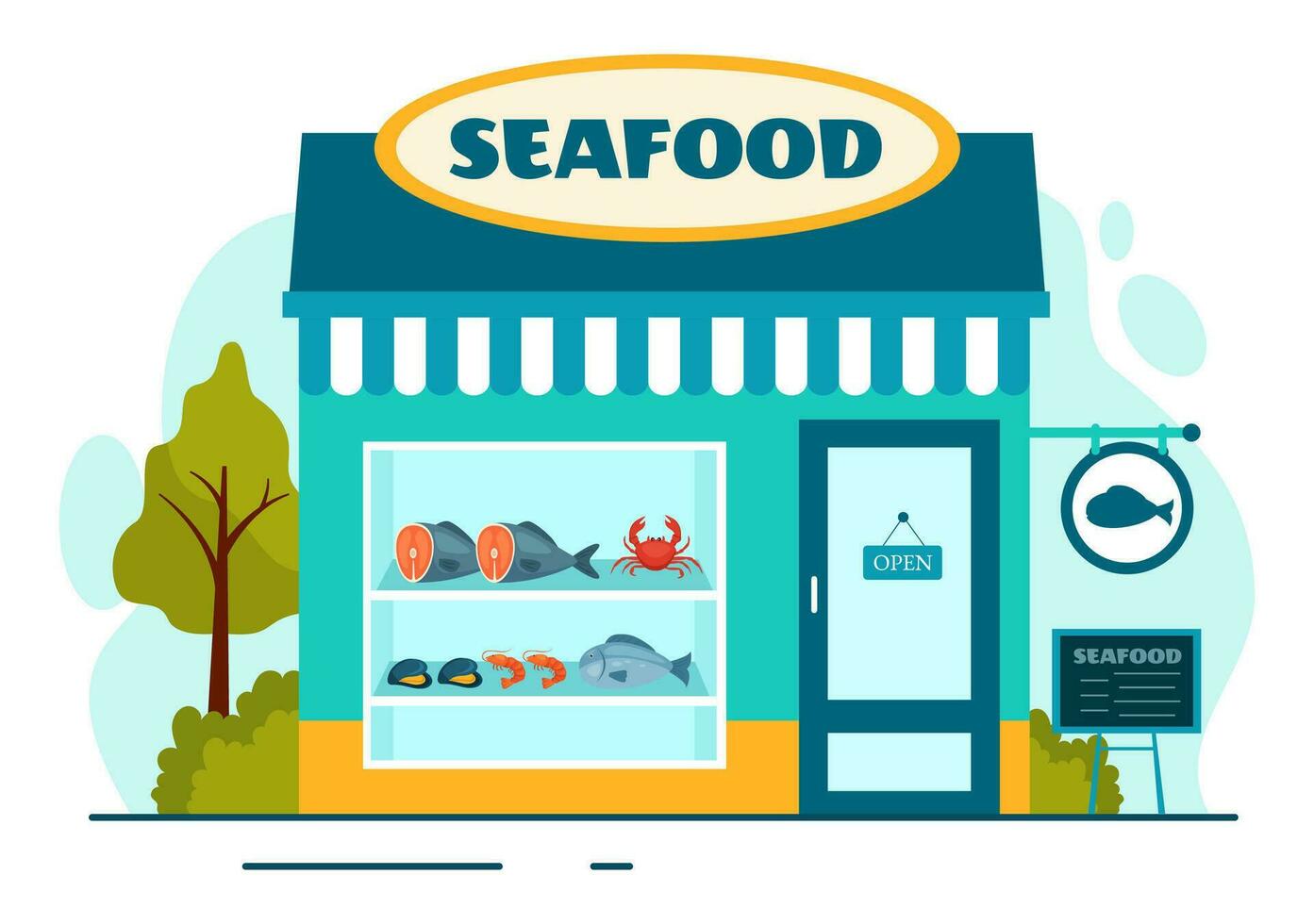 Seafood Market Stall Vector Illustration with Fresh Fish Products such as Octopus, Clams, Shrimp and Lobster in Flat Cartoon Background Design