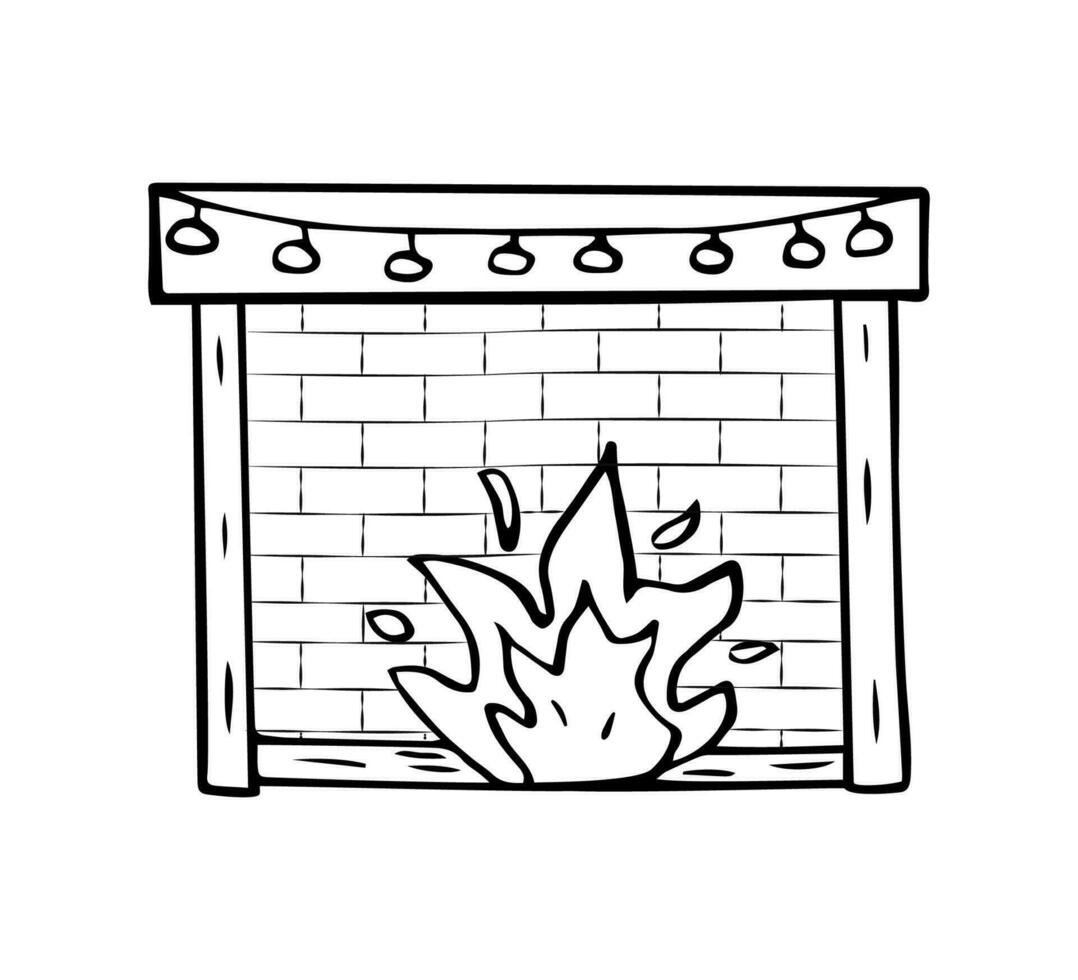 Christmas fireplace icon cartoon doodle style. Vector illustration sketch of a cozy festive home fireplace. Isolated on white.