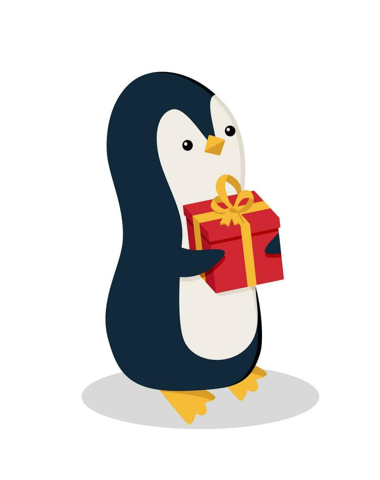 Cute cartoon penguin with a gift box. Vector illustration of a funny animal, holiday concept, congratulations.