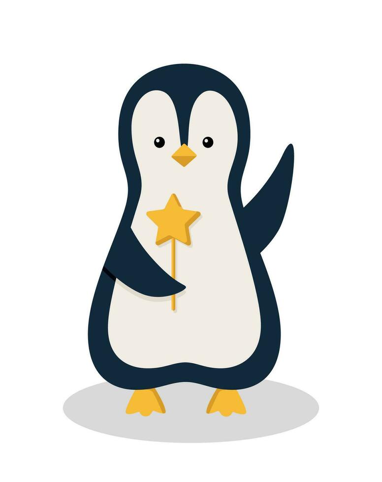 Cute cartoon penguin holding a star on a stick. Vector illustration of a funny animal. Holiday concept.