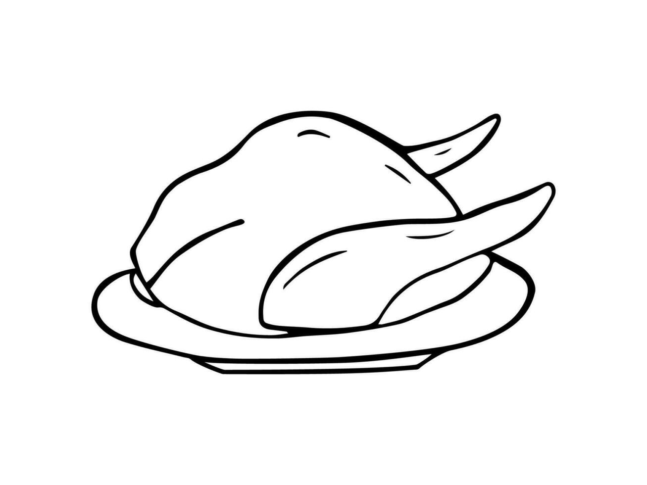 Grilled chicken on a plate icon doodle style. Christmas or New Year's dish baked turkey or chicken. Vector illustration sketch on a white background.