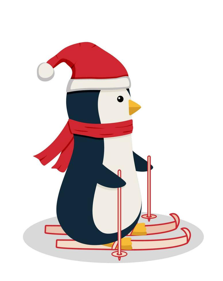 Cute cartoon penguin in Santa hat and warm red scarf goes skiing. Vector illustration of the concept of winter holidays, New Year and Christmas.