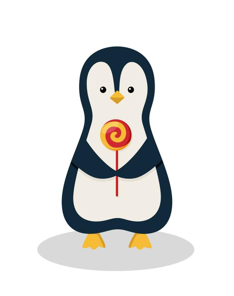 Cute cartoon penguin holding a lollipop on a stick. Vector illustration of a funny animal. Holiday concept.