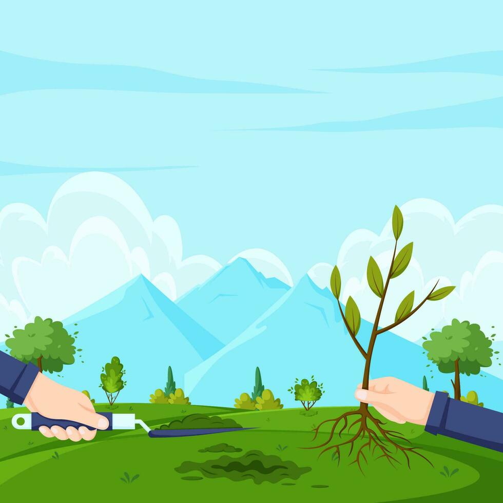 Landscape Background With Hands Planting Tree Seeds vector