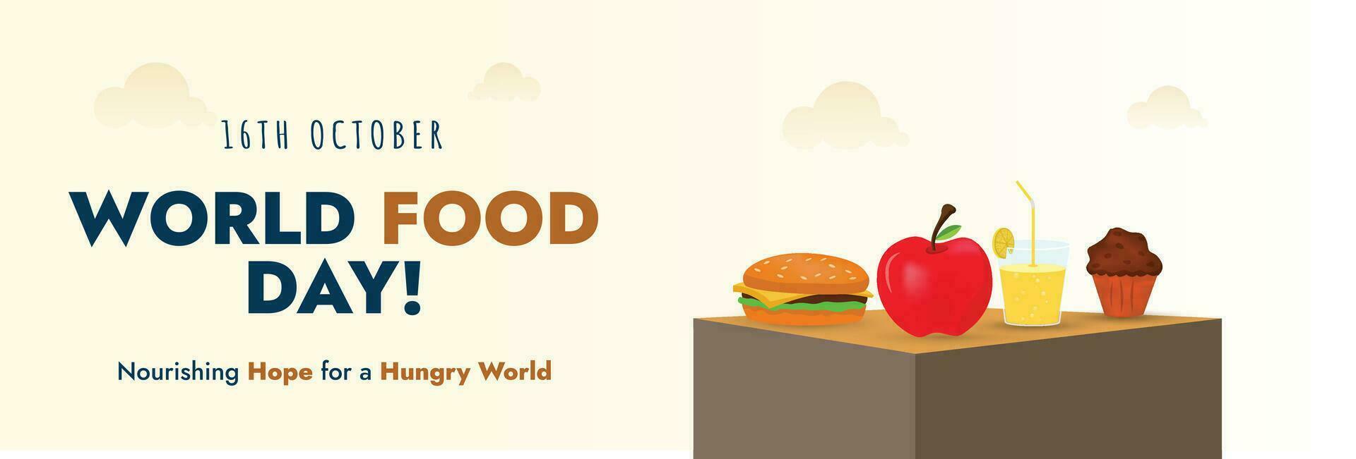 World Food Day cover banner. Word Food Day banner template in vector illustration with different food items. 16th October World Food Day Celebration.