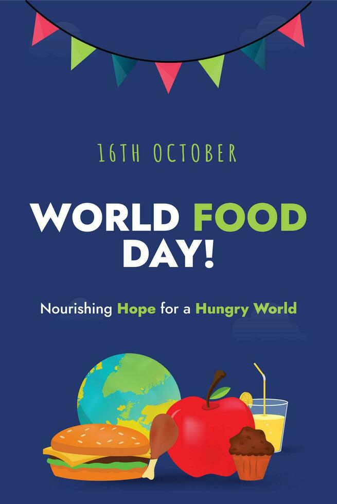 World food day. 16th October Food Day celebration. Food day wish vector social media post with apple, burger, muffin icons. Food day awareness concept.