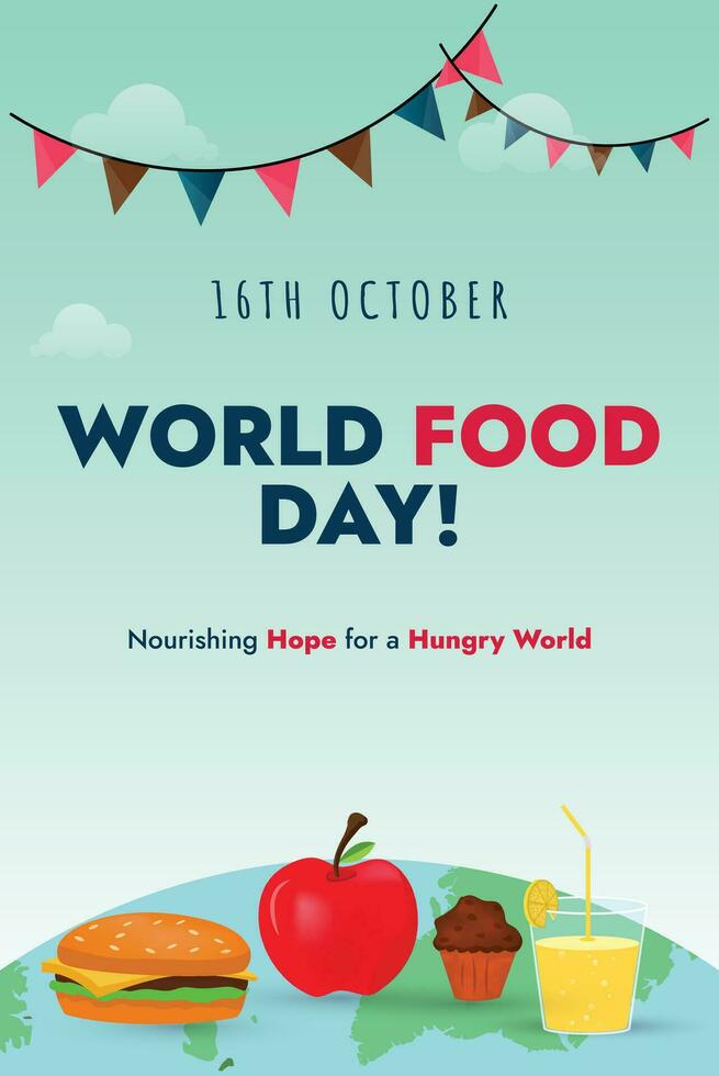 World food day. 16th October Food Day celebration. Food day wish vector social media post with apple, burger, muffin icons. Food day awareness concept.