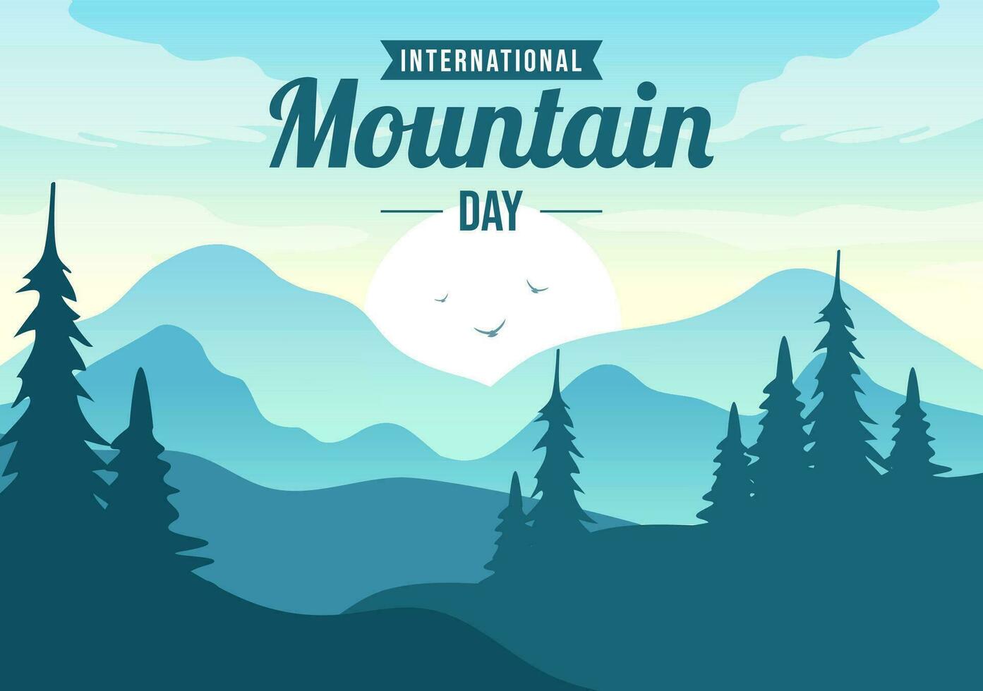 internacional montaña día vector ilustración en diciembre 11 con montañas panorama, verde Valle y arboles en plano dibujos animados antecedentes diseño