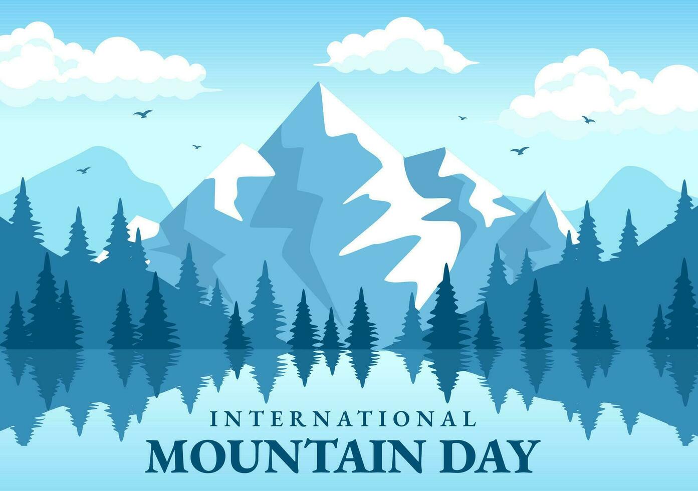 internacional montaña día vector ilustración en diciembre 11 con montañas panorama, verde Valle y arboles en plano dibujos animados antecedentes diseño