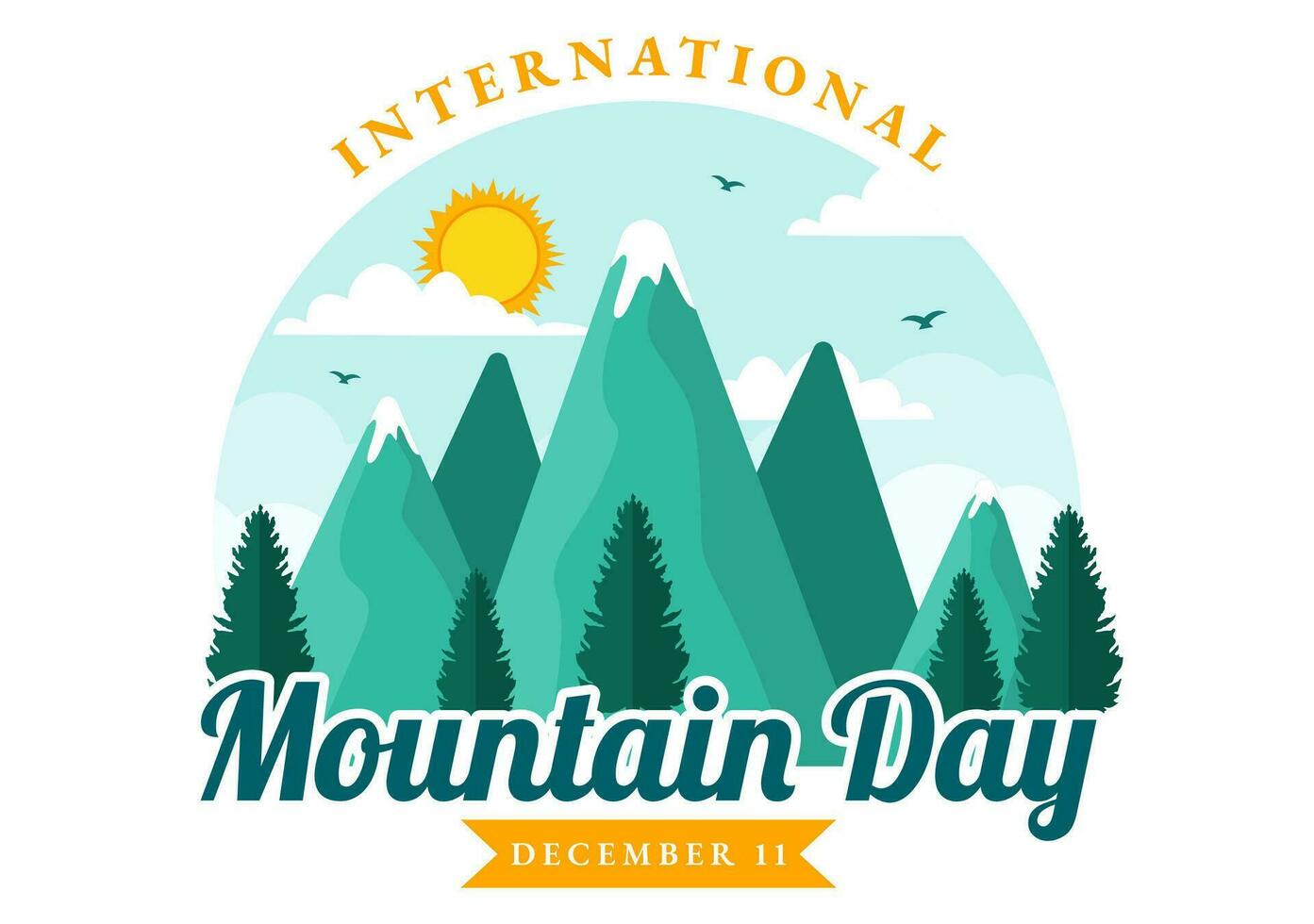 internacional montaña día vector ilustración en diciembre 11 con montañas panorama, verde Valle y arboles en plano dibujos animados antecedentes diseño