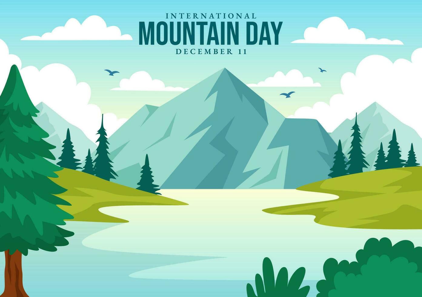 internacional montaña día vector ilustración en diciembre 11 con montañas panorama, verde Valle y arboles en plano dibujos animados antecedentes diseño