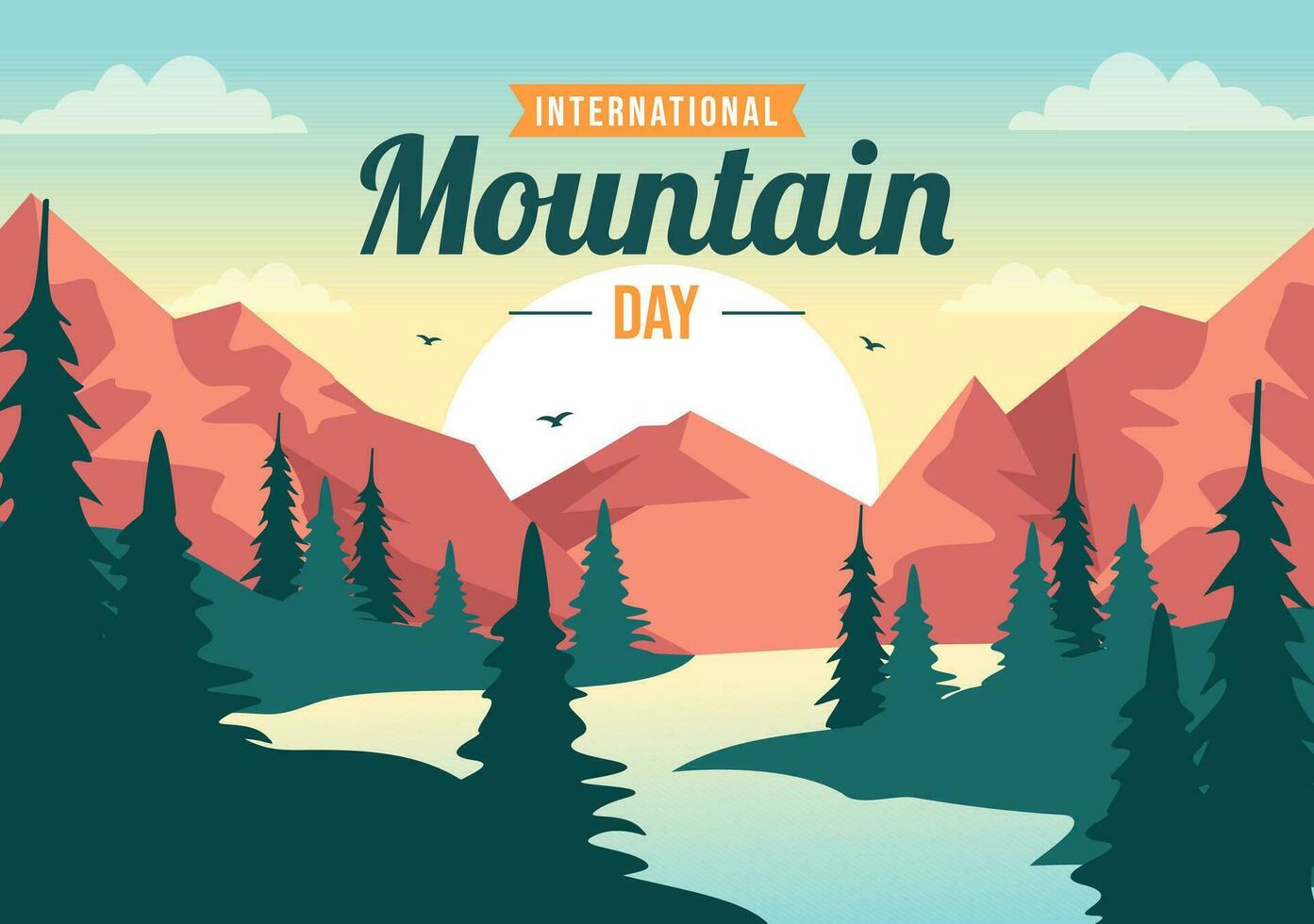 internacional montaña día vector ilustración en diciembre 11 con montañas panorama, verde Valle y arboles en plano dibujos animados antecedentes diseño