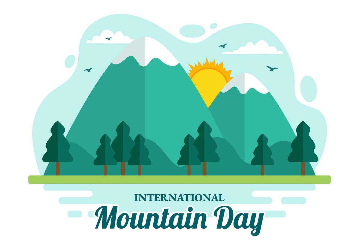 internacional montaña día vector ilustración en diciembre 11 con montañas panorama, verde Valle y arboles en plano dibujos animados antecedentes diseño