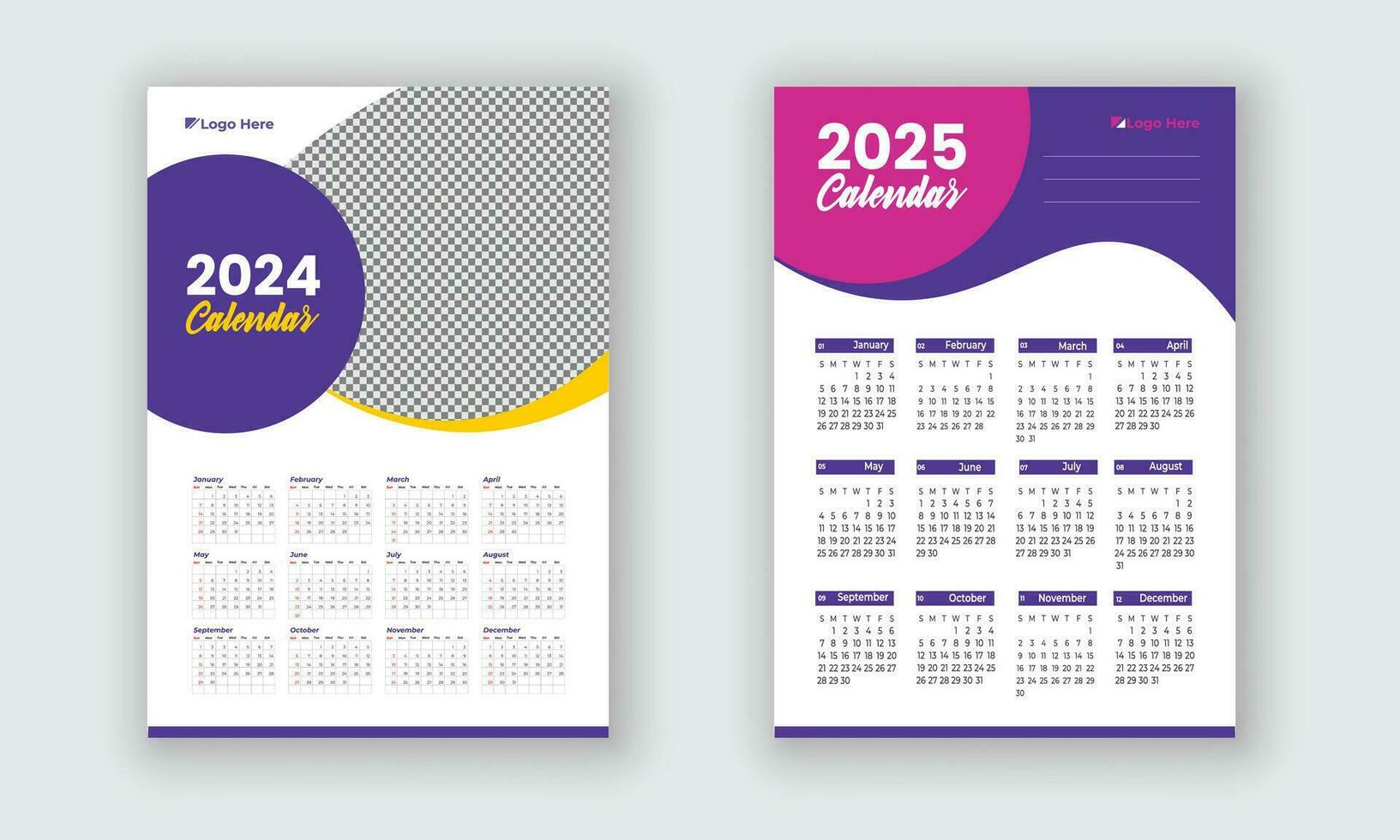 Calendar 2024, 2025  vector calendar design set. The week starts on Sunday or Wall calendars in a minimalist style