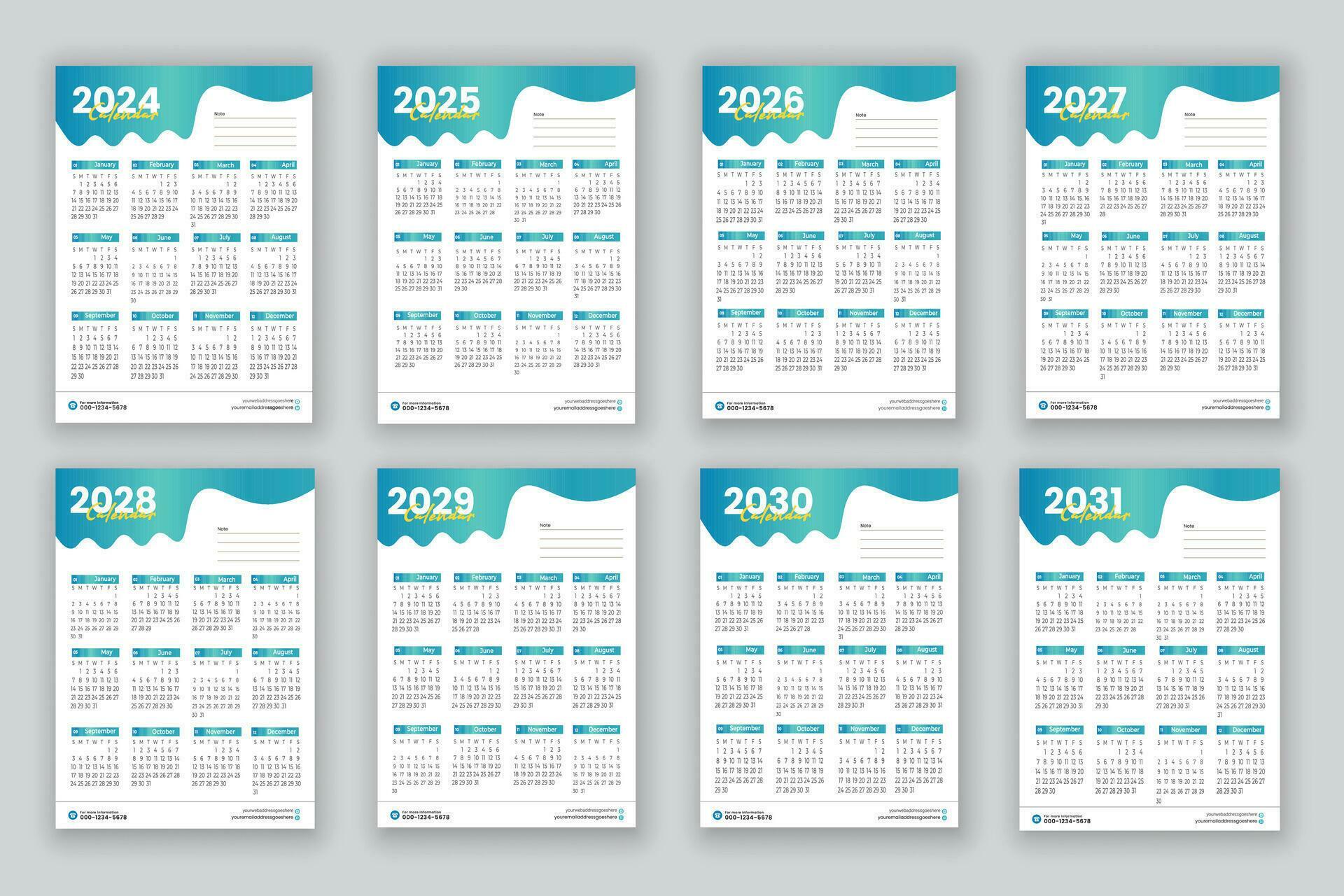 Calendar for 2024, 2025, 2026, 2027, 2028, 2029, 2030, 2031, and week