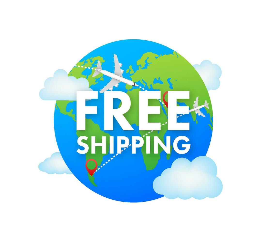 Airplane with label free shipping, E Commerce, Air Craft. Vector stock illustration