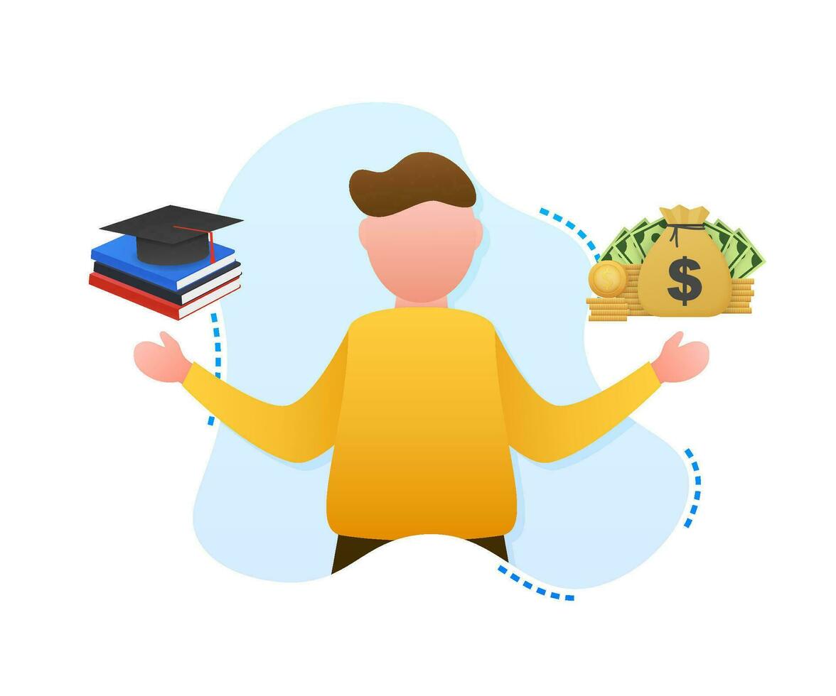 Man choosing between two options Money and education. Vector stock illustration