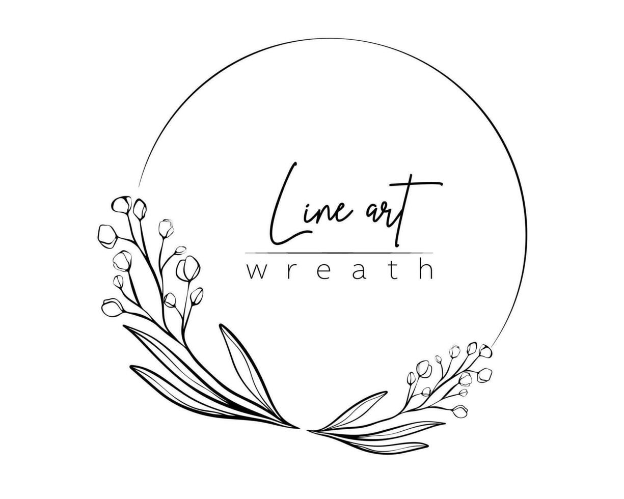 Botanical line illustration of flower, leaves and branch wreath for wedding invitation and cards, logo design, web, social media and posters template. Elegant minimal style floral vector isolated