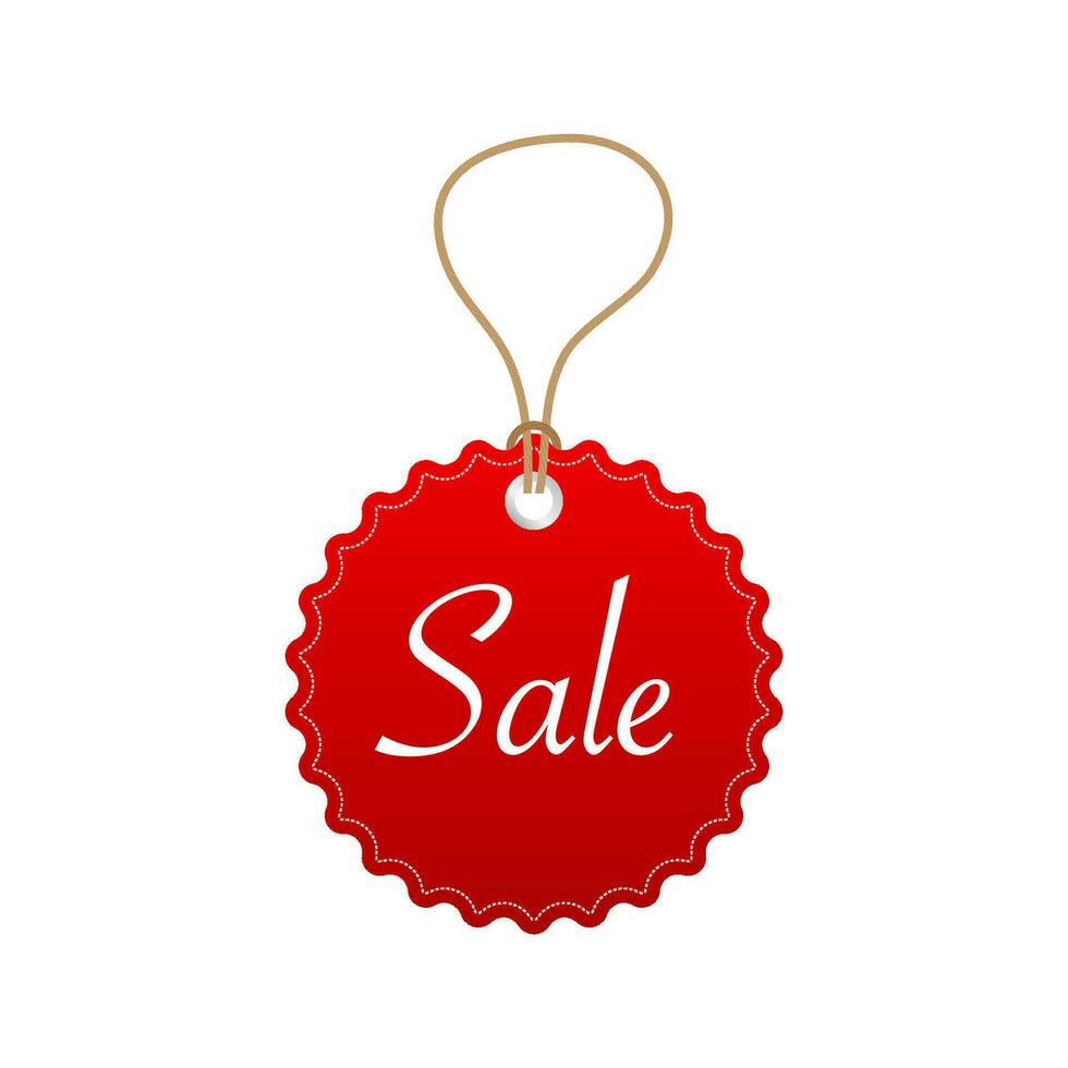 Vector isolated red hanging sales tags with optional transparent ground shadow. Vector stock illustration.