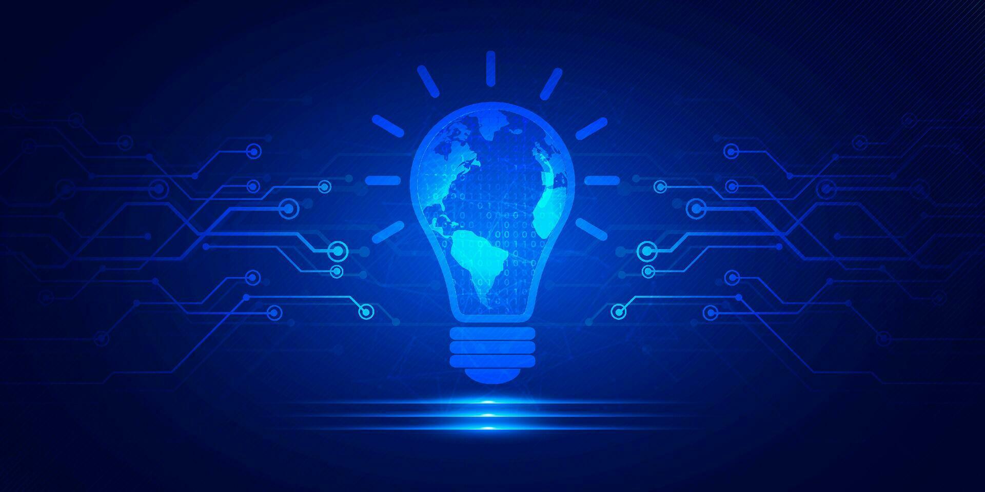 Abstract digital technology futuristic idea lamp bulb blue background, Cyber science tech layout, Innovation future Ai big data, Global internet network connection, Cloud hi-tech illustration vector