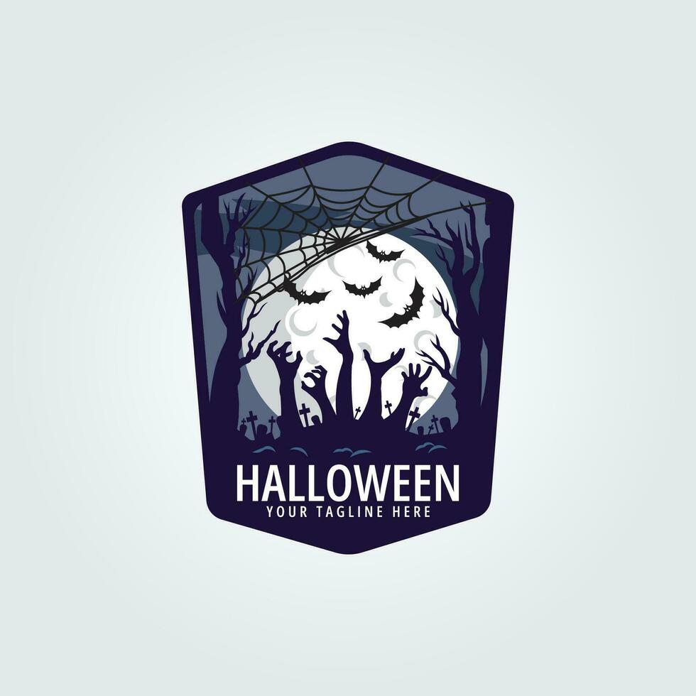 halloween logo icon design inspiration with bat, tree, grave, hand, moon and spider web castle vector illustration