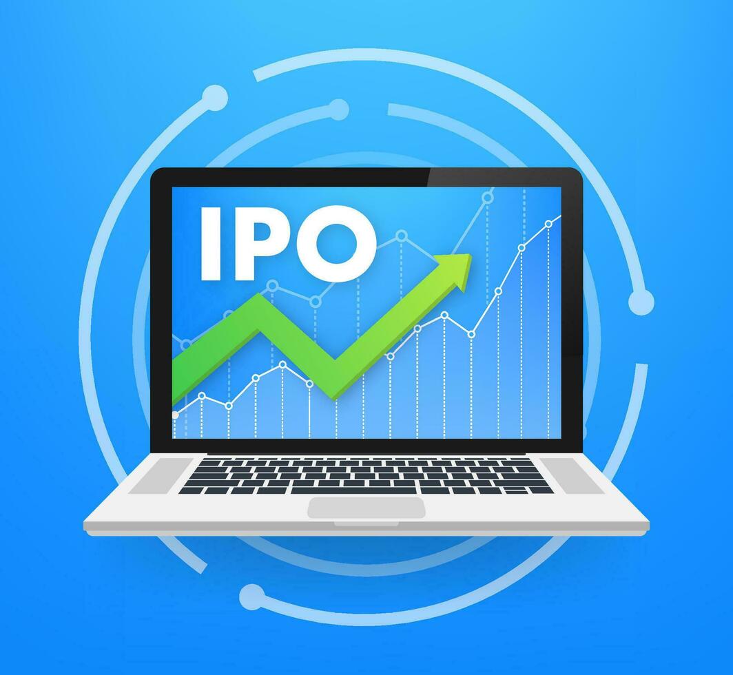 Vector IPO initial public offering concept in flat style   investment and strategy icons. Vector illustration.