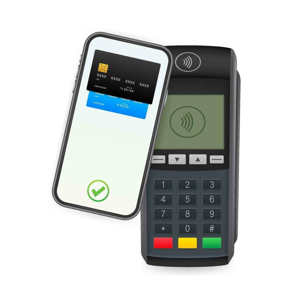 sin contacto pago métodos móvil inteligente teléfono y inalámbrico pos terminal realista estilo. vector valores ilustración.