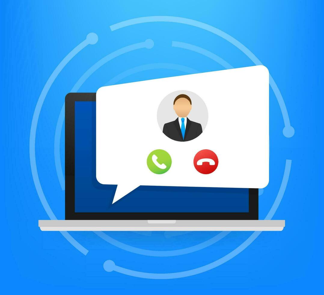 Incoming video call on laptop. Laptop with incoming call, man profile picture and accept decline buttons. Vector stock illustration