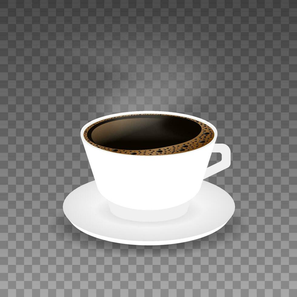 Hot coffee in a white cup and saucer. Vector illustration.