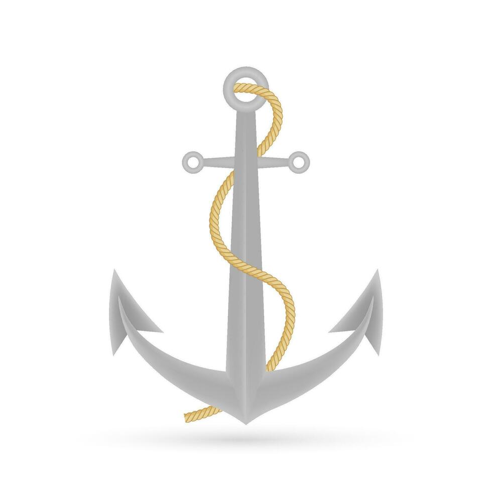Single realistic shiny steel anchor with rings and shadow on white background isolated vector illustration