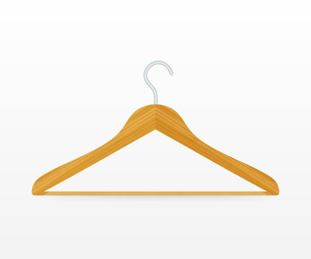 Realistic vector clothes coat wooden hanger close up isolated on white background. Vector illustration.