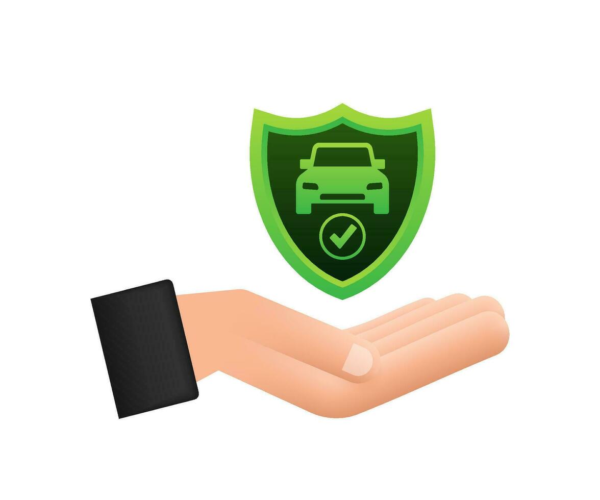 Car insurance contract document over hands. Shield icon. Protection. Vector stock illustration