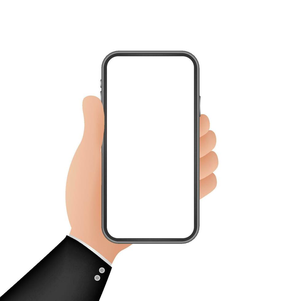 Smartphone on hand. Telephone icon. Touchscreen, Phone display. Cell phone vector icon. Flat graphic design. Vector stock illustration