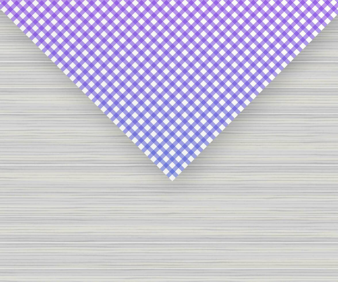 Purple corner tablecloth on white wood table. Vector stock illustration