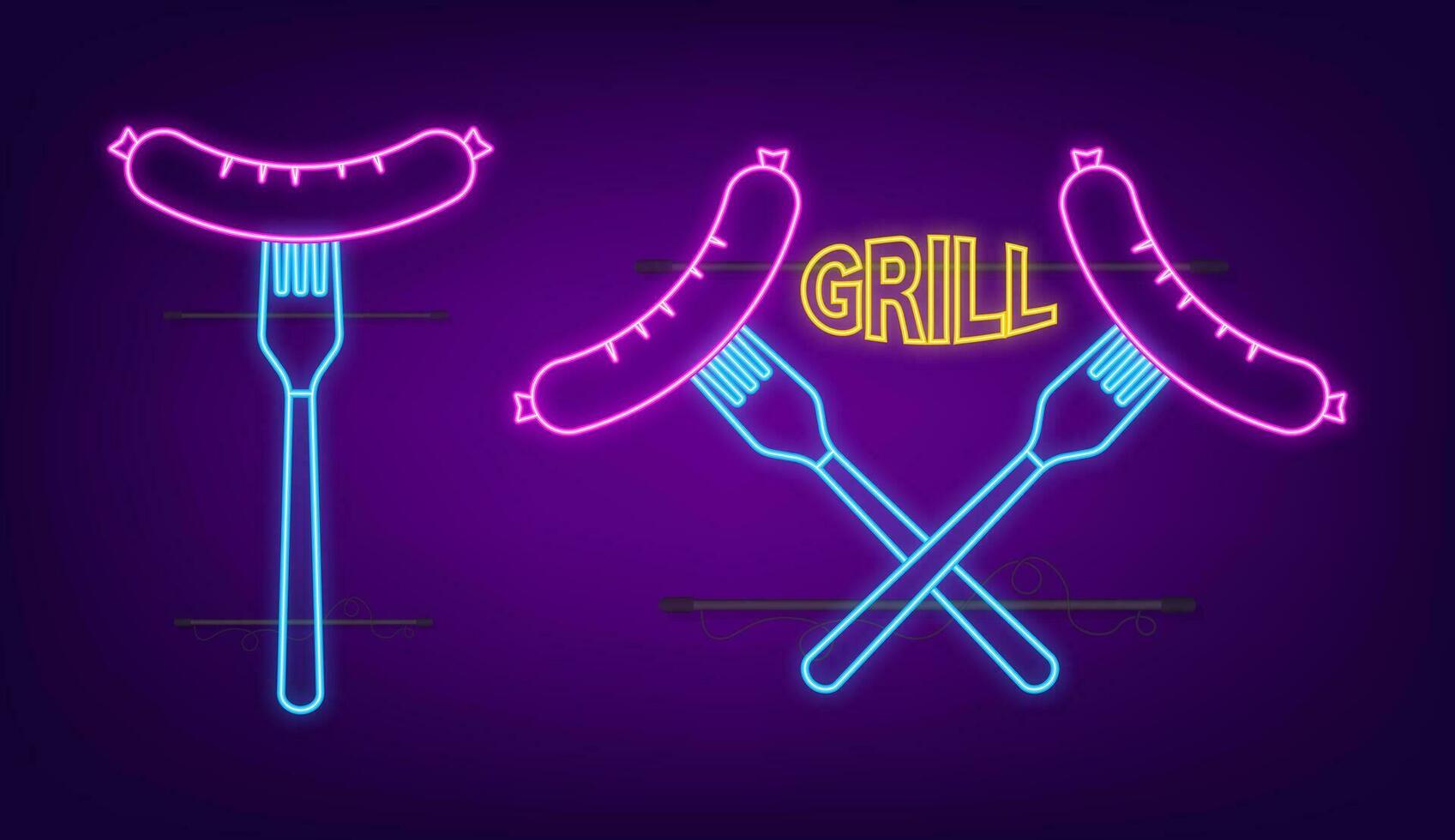 Cartoon grill sausage. Neon icon. Hand drawn vector illustration. Isolated icon set.