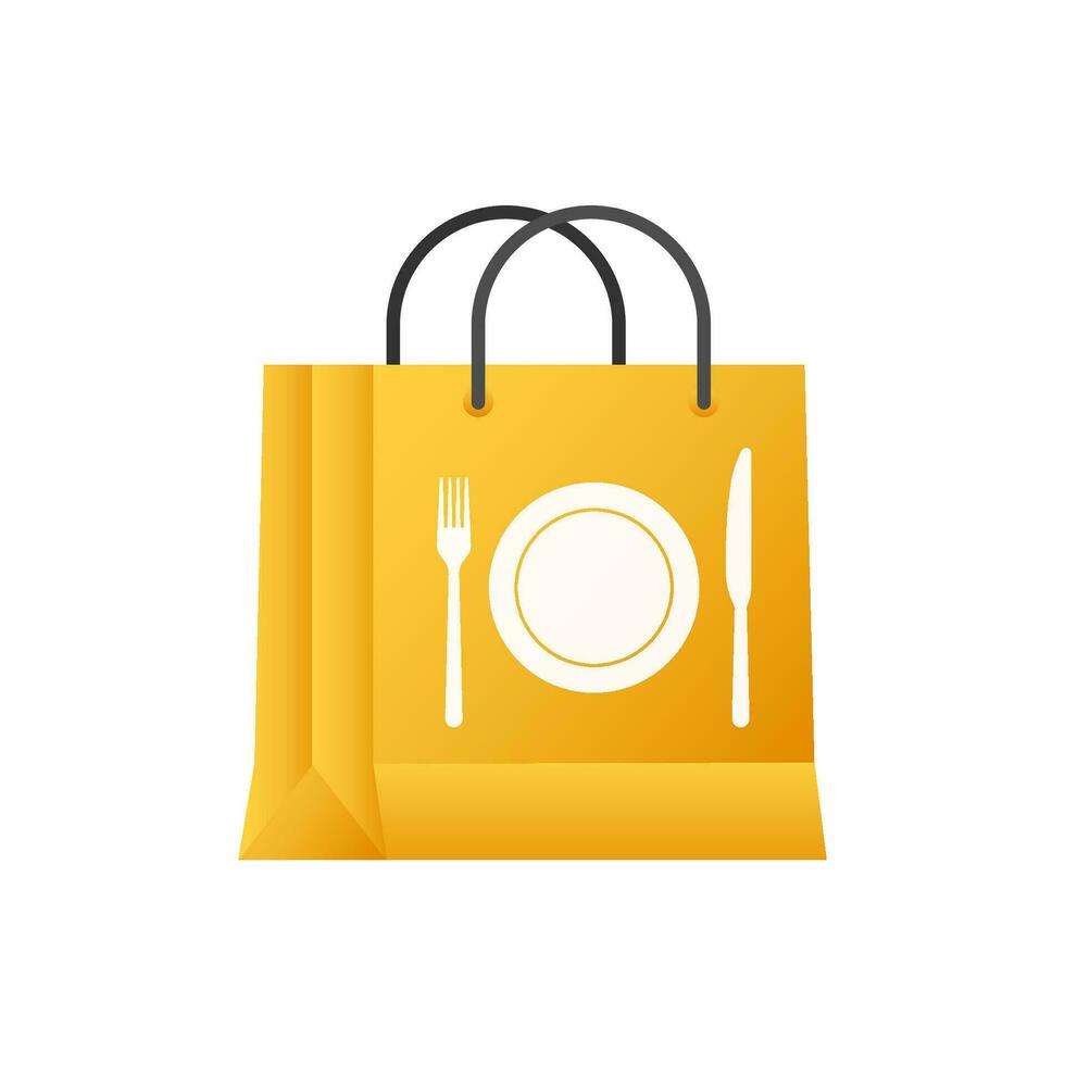 en línea mercado. plano icono con comida entrega bolso para paquete papel diseño. en línea Tienda vector