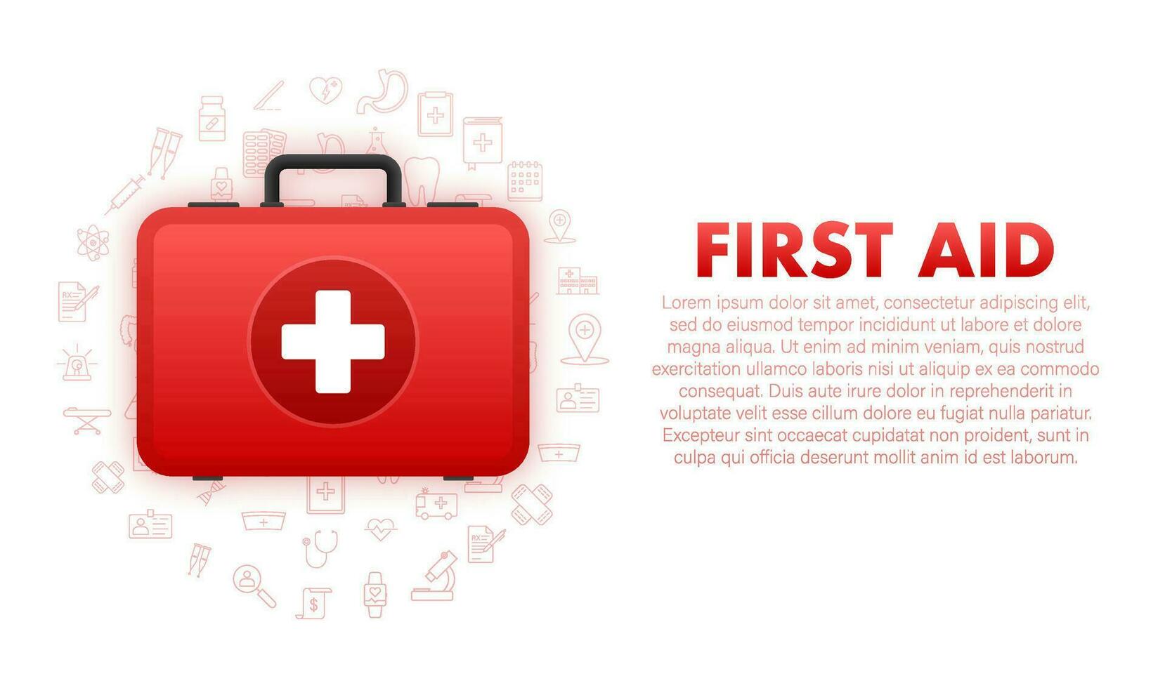 Cartoon icon with red first aid on white background for medical design. Flat vector illustration.