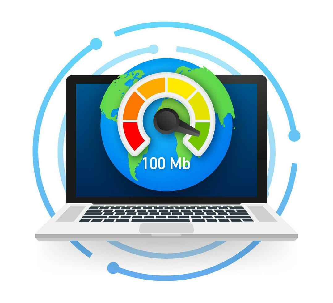 Laptop with speed test on the screen. Vector illustration