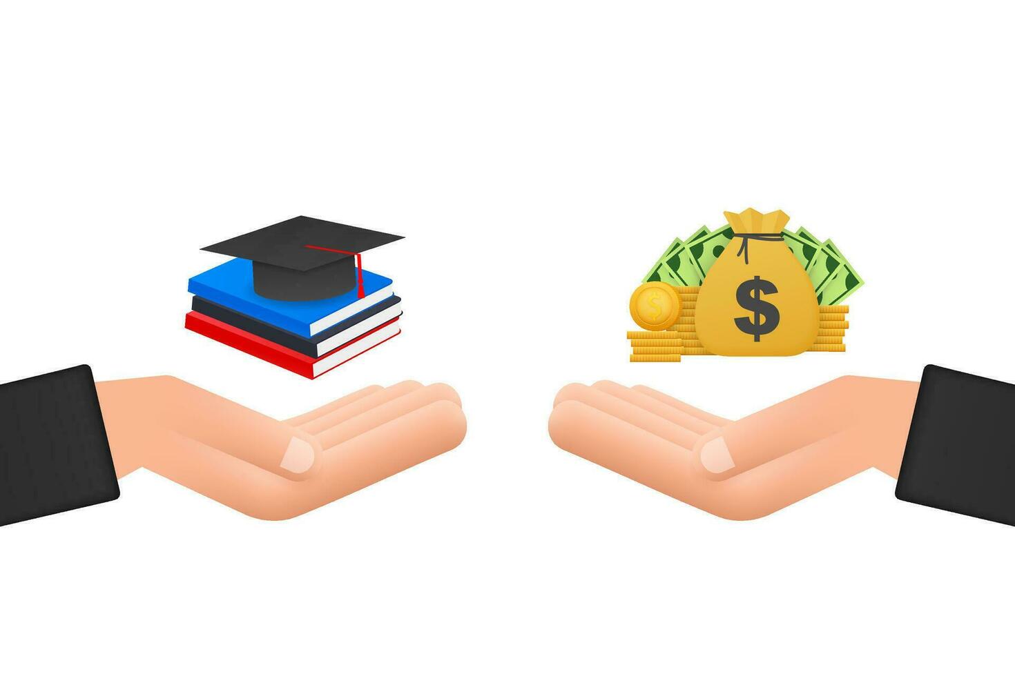Concept of investment in education with coins books and scales. Vector stock illustration