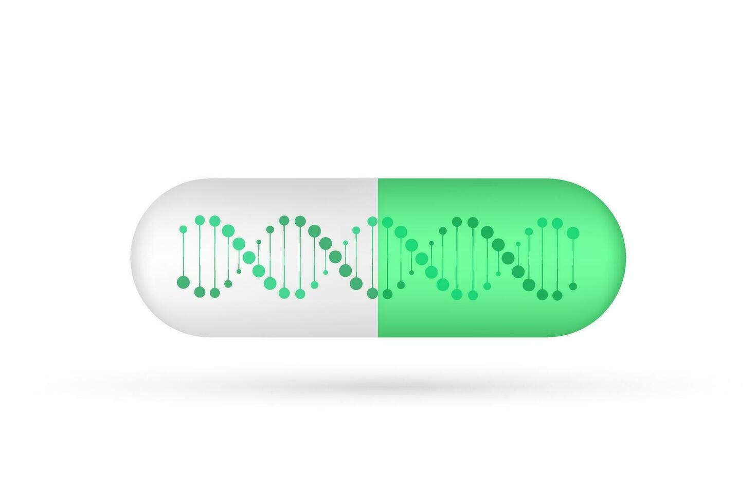 Close green capsule pill with dna molecule structure on white background. Vector stock illustration