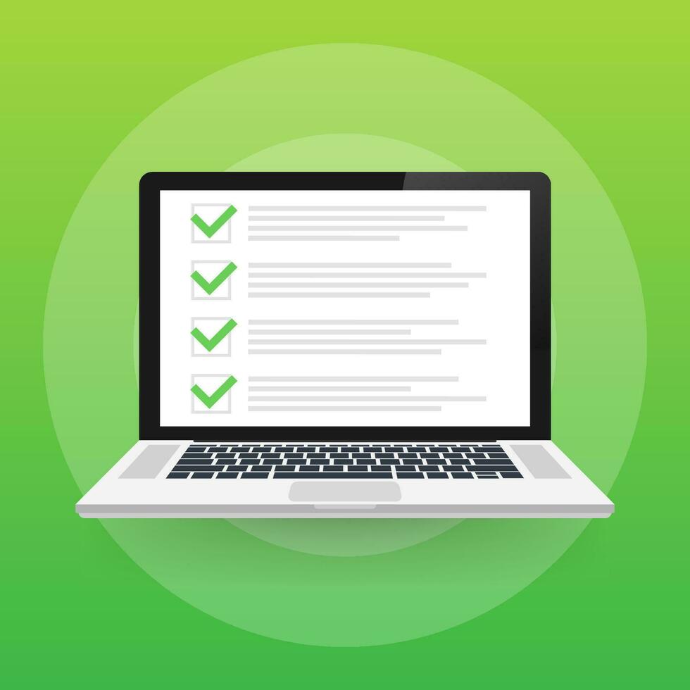 MobileChecklist browser window. Check mark. White tick on laptop screen. Choice, survey concepts. Vector stock illustration