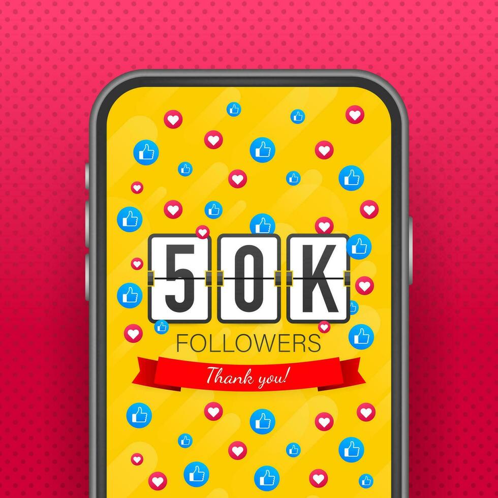 50k seguidores, gracias tú, social sitios correo. gracias usted seguidores felicidades tarjeta. vector valores ilustración