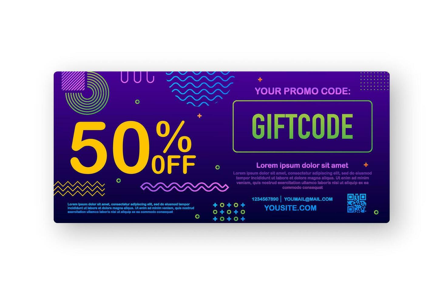 Promo code. Vector Gift Voucher with Coupon Code. Premium eGift Card Background for E commerce, Online Shopping. Marketing. Vector illustration