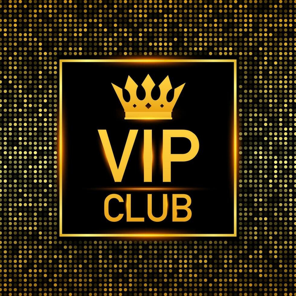 dorado símbolo de exclusividad, el etiqueta VIP clube con Brillantina. muy importante persona VIP icono en oscuro antecedentes firmar de exclusividad con brillante, dorado brillo. vector valores ilustración.