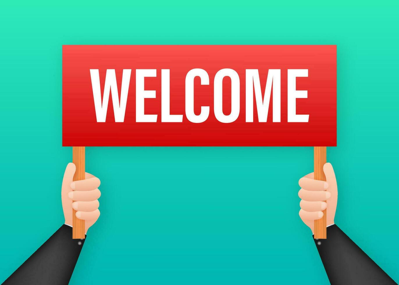 Cartoon poster on welcome text with hand holding placard for banner design. Banner, Billboard design. Vector stock illustration