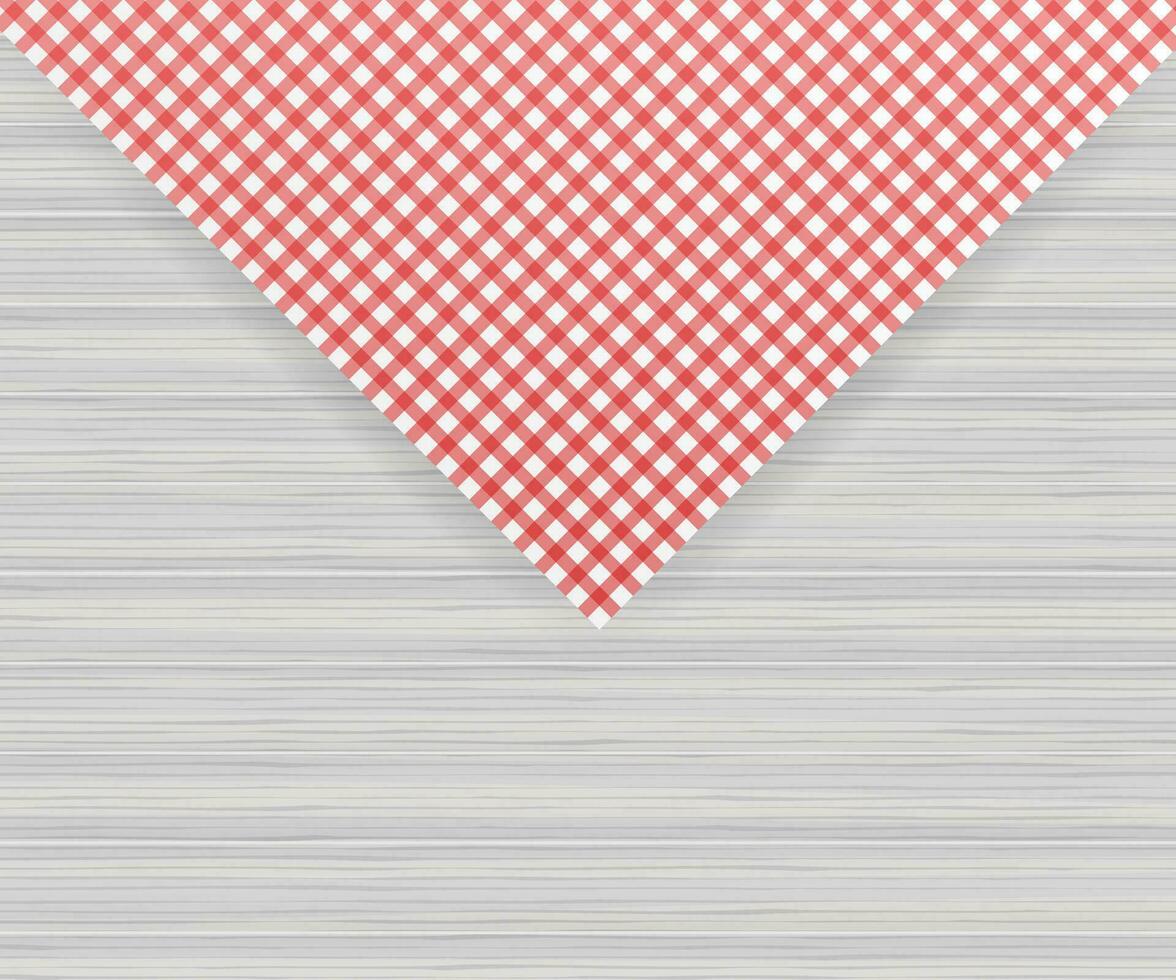 Red corner tablecloth on white wood table. Vector illustration.