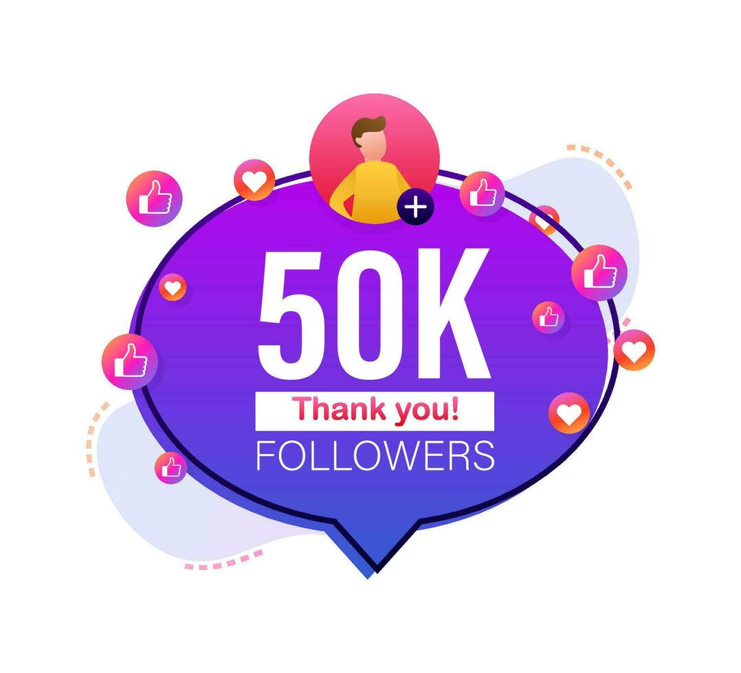 Thank you 50000 followers numbers. Flat style banner. Congratulating multicolored thanks image for net friends likes. Vector illustration