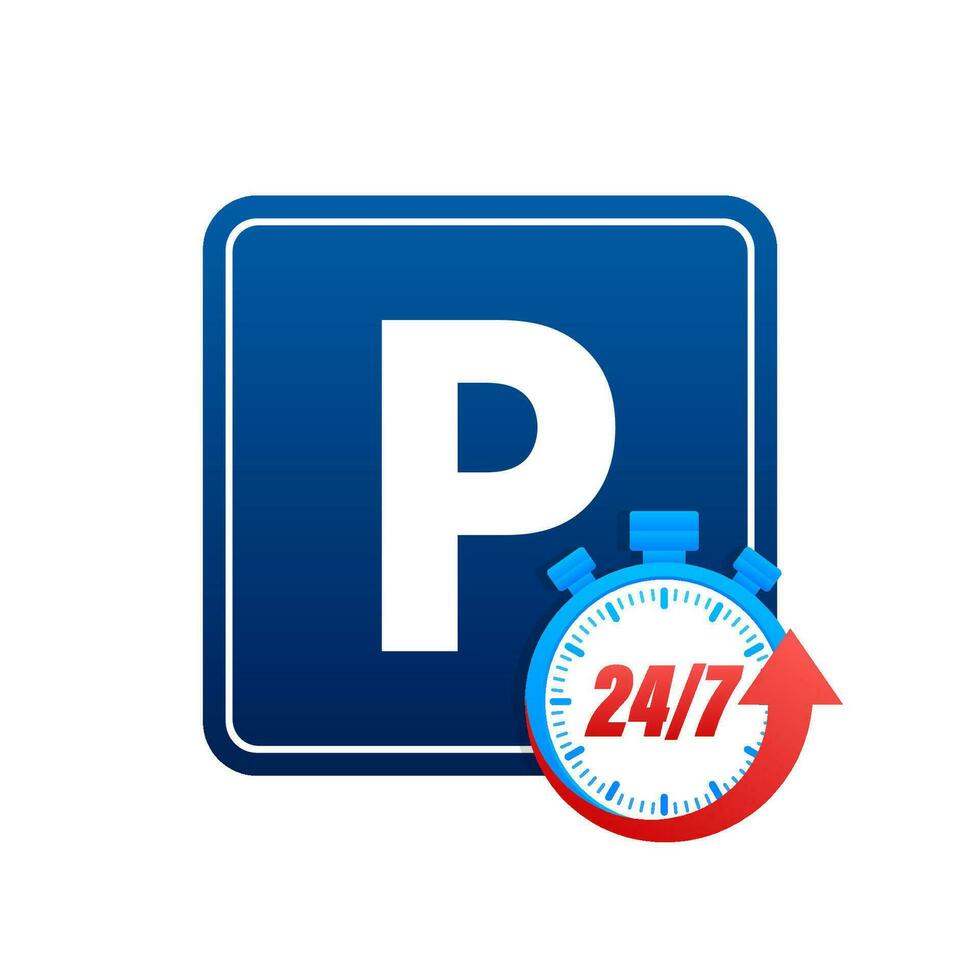 Template with blue parking 24 7. Logo, icon, label. Parking on white background. Web element. Vector stock illustration.
