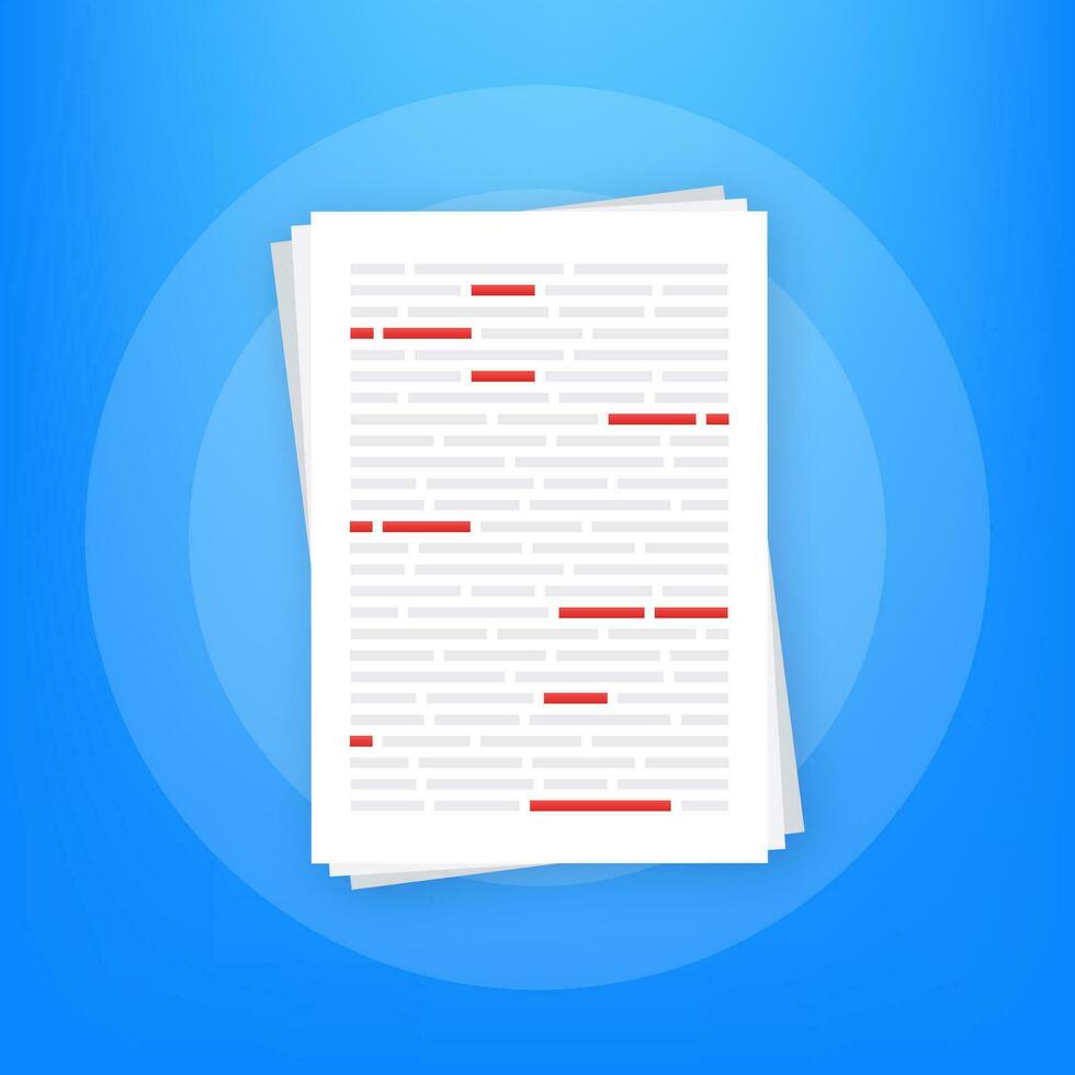 Proofreader checks transcription written text. Editing documents to correct errors. Vector stock illustration