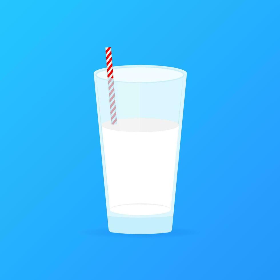 Glass of milk and straw. Dairy product with vitamins. Vector illustration